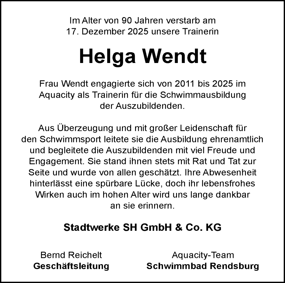  Traueranzeige für Helga Wendt vom 09.01.2026 aus Schleswig-Holsteinische Landeszeitung