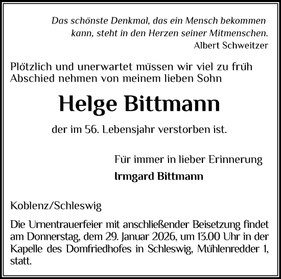 Traueranzeige von Helge Bittmann von Schleswiger Nachrichten, Schlei-Bote
