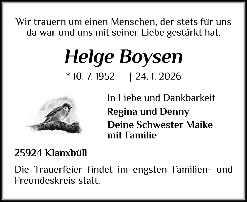  Traueranzeige für Helge Boysen vom 31.01.2026 aus Husumer Nachrichten, Nordfriesland Tageblatt