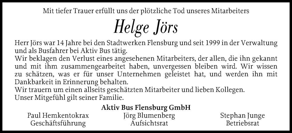  Traueranzeige für Helge Jörs vom 08.01.2026 aus Flensburger Tageblatt