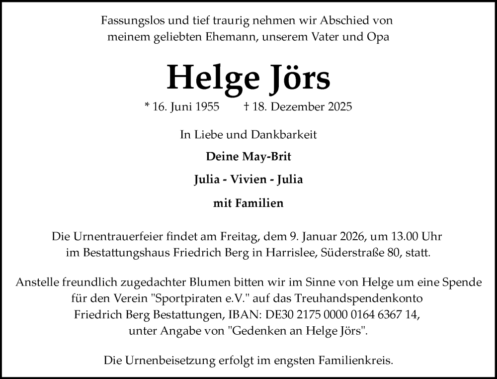  Traueranzeige für Helge Jörs vom 03.01.2026 aus Flensburger Tageblatt