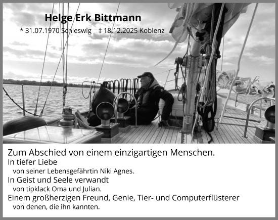 Traueranzeige von Helge Erk Bittmann von Digitale Anzeige