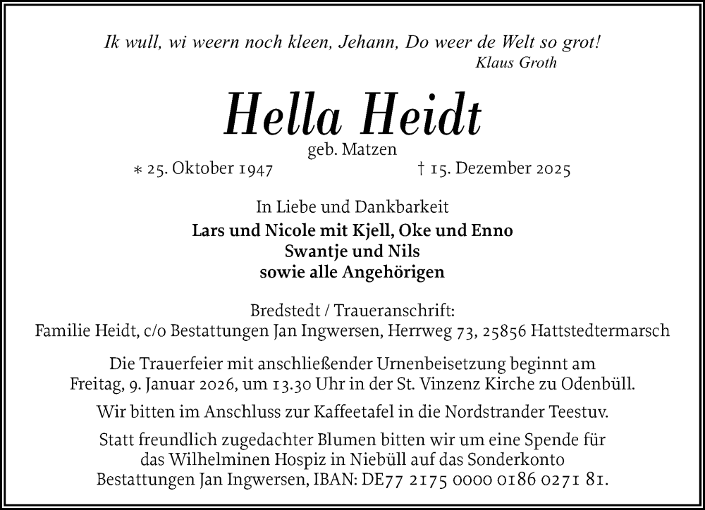  Traueranzeige für Hella Heidt vom 03.01.2026 aus Husumer Nachrichten, Nordfriesland Tageblatt