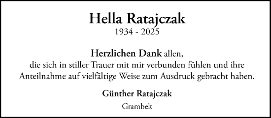 Traueranzeige von Hella Ratajczak von MARKT Ratzeburg/Mölln