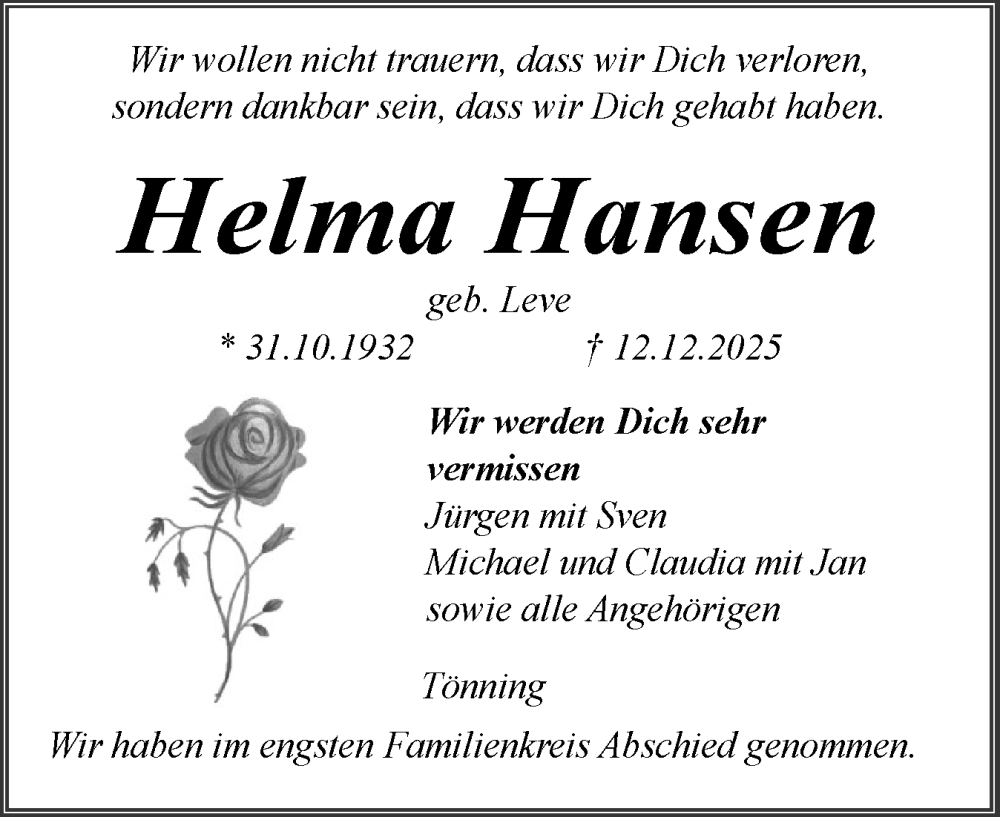  Traueranzeige für Helma Hansen vom 03.01.2026 aus Husumer Nachrichten, Nordfriesland Tageblatt