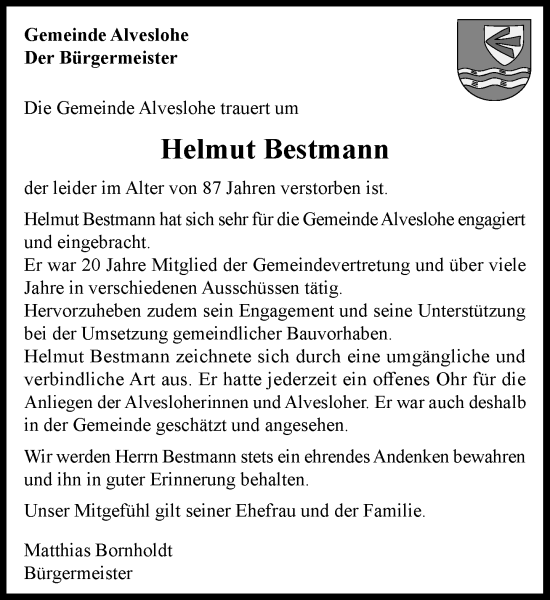 Traueranzeige von Helmut Bestmann von Umschau
