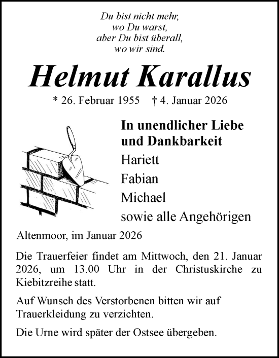 Traueranzeige von Helmut Karallus von Elmshorner Nachrichten, Barmstedter Zeitung
