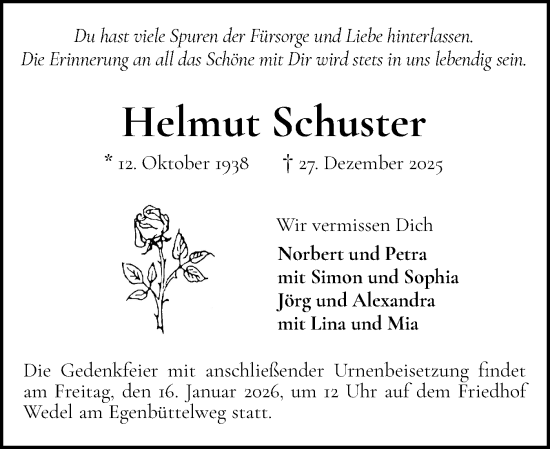 Traueranzeige von Helmut Schuster von Wedel-Schulauer Tageblatt, tip Wedel-Schulauer Tageblatt, tip Rissener Rundschau