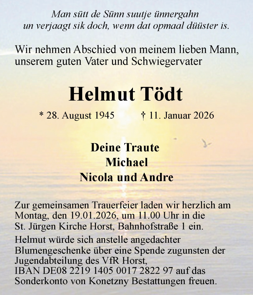  Traueranzeige für Helmut Tödt vom 17.01.2026 aus Region Steinburg-Elmshorn