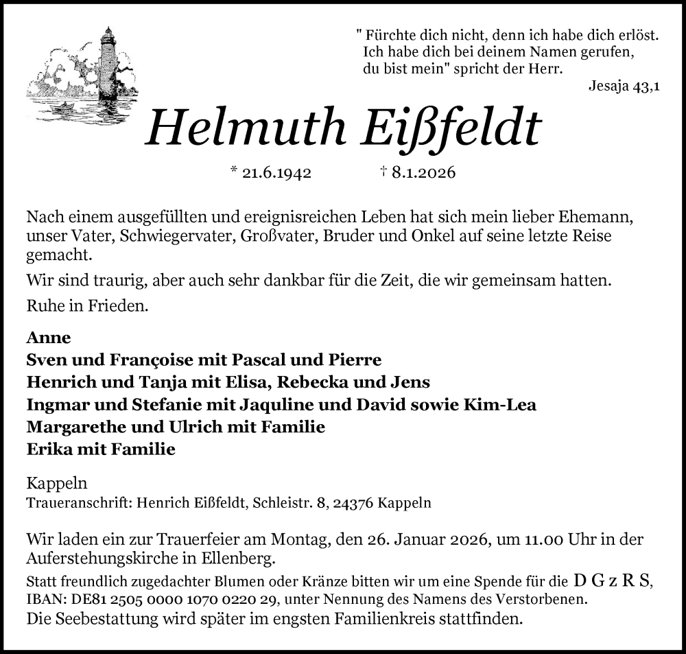  Traueranzeige für Helmuth Eißfeldt vom 17.01.2026 aus Schleswiger Nachrichten, Schlei-Bote