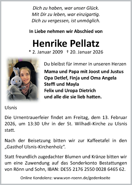 Traueranzeige von Henrike Pellatz von Schleswiger Nachrichten, Schlei-Bote