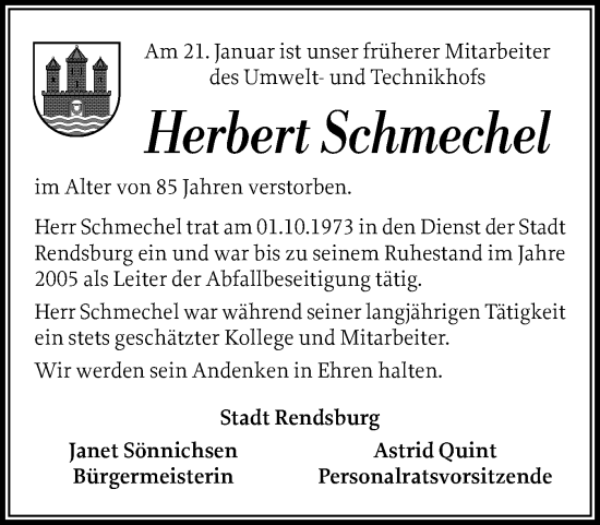 Traueranzeige von Herbert Schmechel von Schleswig-Holsteinische Landeszeitung