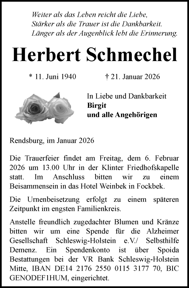  Traueranzeige für Herbert Schmechel vom 31.01.2026 aus Schleswig-Holsteinische Landeszeitung