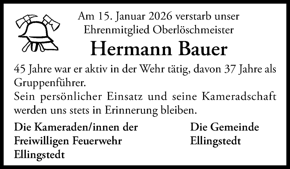  Traueranzeige für Hermann Bauer vom 29.01.2026 aus Schleswiger Nachrichten, Schlei-Bote