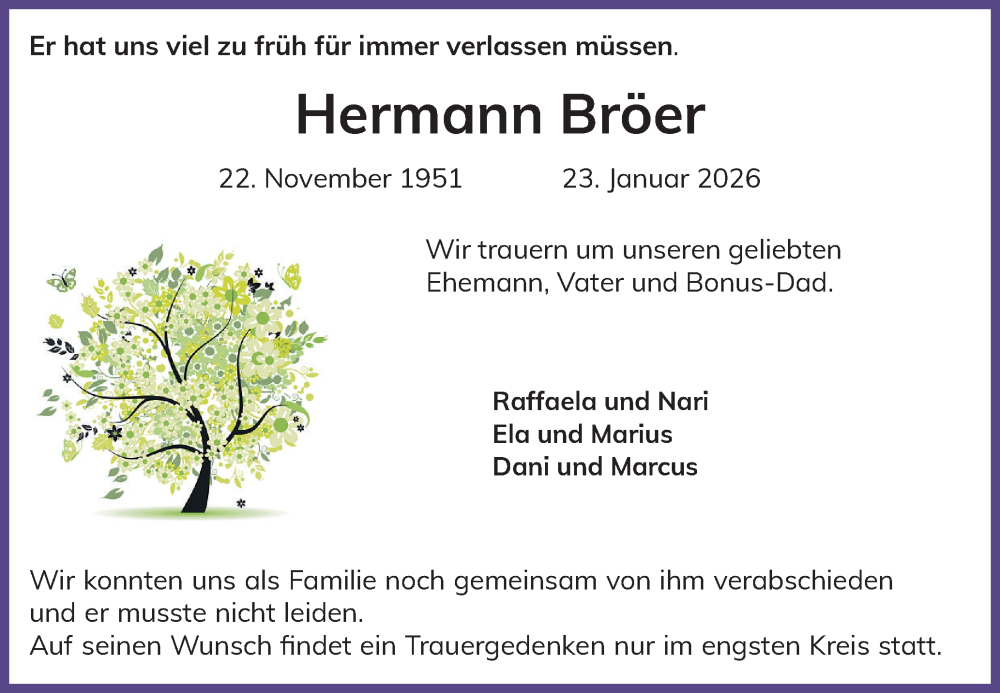 Traueranzeige für Hermann Bröer vom 27.01.2026 aus Region Pinneberg und tip Pinneberg