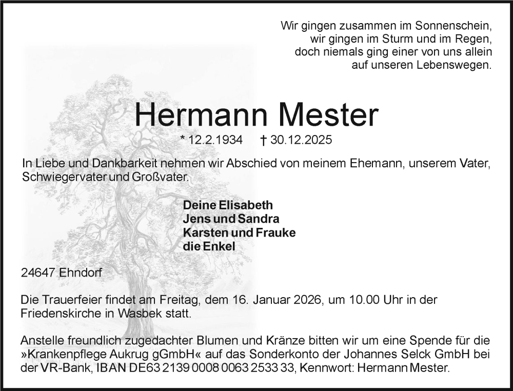  Traueranzeige für Hermann Mester vom 10.01.2026 aus Holsteinischer Courier