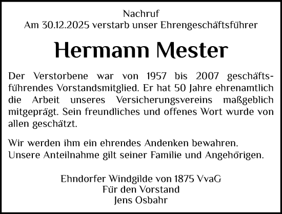Traueranzeige von Hermann Mester von Holsteinischer Courier