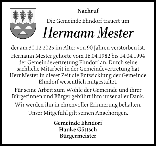 Traueranzeige von Hermann Mester von Holsteinischer Courier