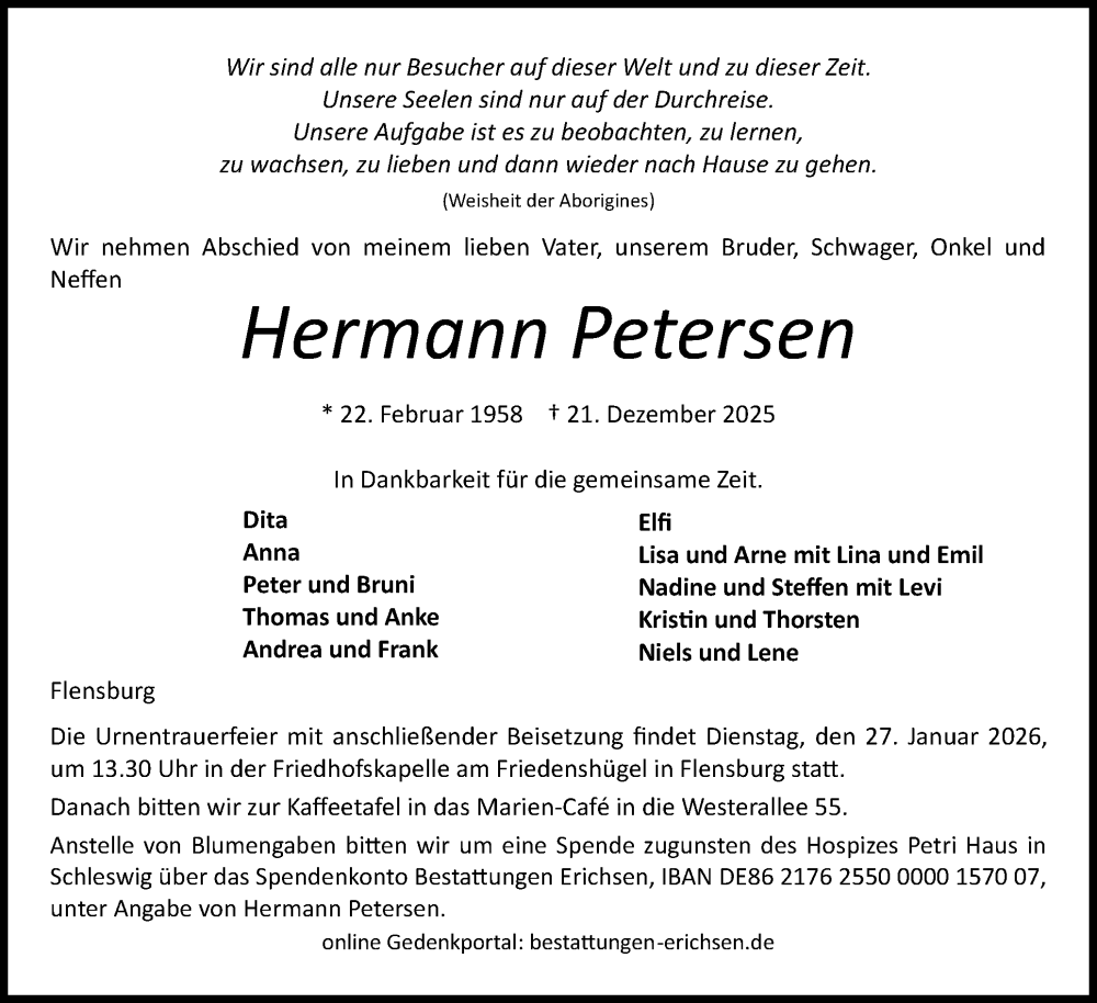  Traueranzeige für Hermann Petersen vom 10.01.2026 aus Flensburger Tageblatt