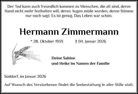 Traueranzeige von Hermann Zimmermann von Der Insel-Bote
