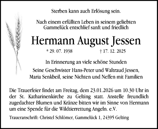 Traueranzeige von Hermann August Jessen von Flensburger Tageblatt