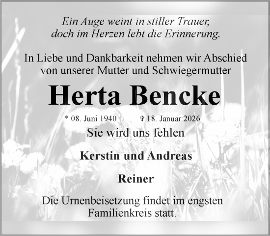 Traueranzeige von Herta Bencke von MARKT Ratzeburg/Mölln