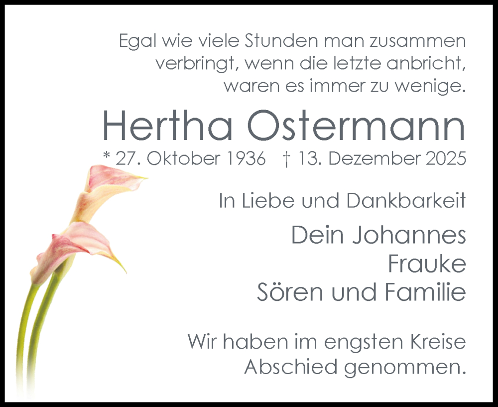  Traueranzeige für Hertha Ostermann vom 10.01.2026 aus Uetersener Nachrichten, Der tip am Wochenende
