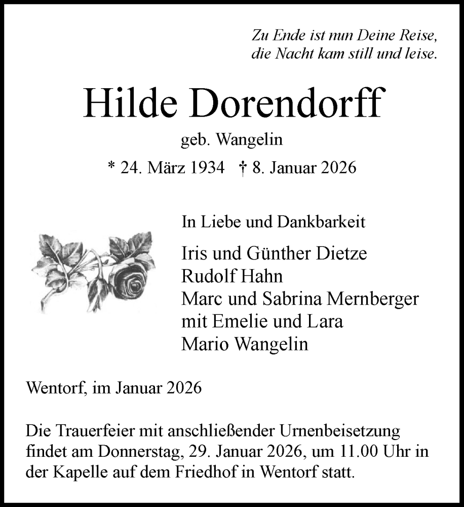  Traueranzeige für Hilde Dorendorff vom 24.01.2026 aus Wochenend Anzeiger