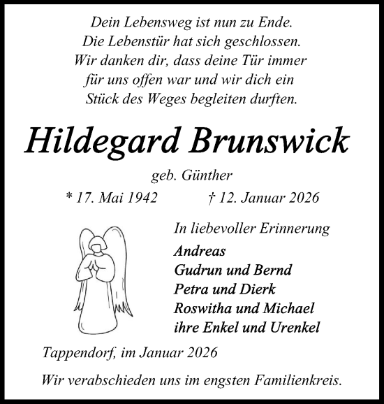 Traueranzeige von Hildegard Brunswick von Schleswig-Holsteinische Landeszeitung