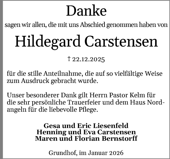 Traueranzeige von Hildegard Carstensen von Flensburger Tageblatt