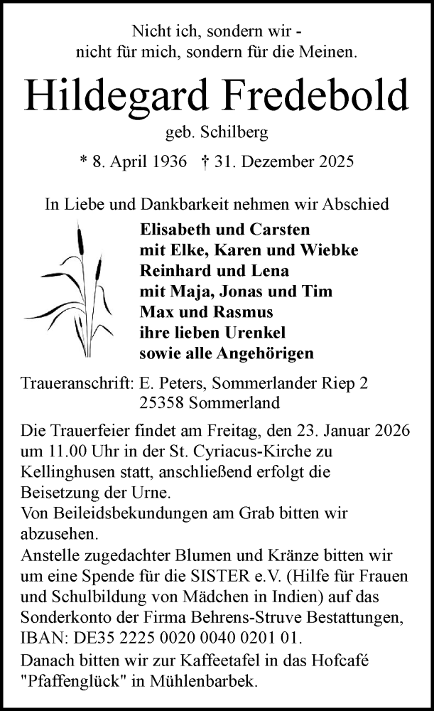  Traueranzeige für Hildegard Fredebold vom 10.01.2026 aus Norddeutsche Rundschau, Wilstersche Zeitung, Glückstädter Fortuna