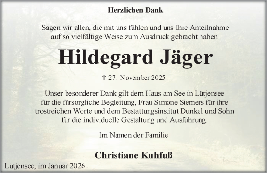 Traueranzeige von Hildegard Jäger von MARKT Ratzeburg/Mölln