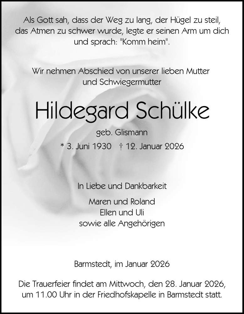  Traueranzeige für Hildegard Schülke vom 17.01.2026 aus Elmshorner Nachrichten, Barmstedter Zeitung