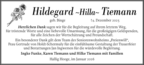 Traueranzeige von Hildegard Tiemann von Husumer Nachrichten, Nordfriesland Tageblatt