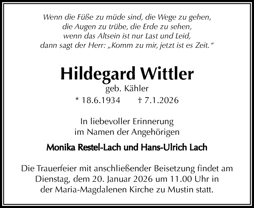  Traueranzeige für Hildegard Wittler vom 17.01.2026 aus MARKT Ratzeburg/Mölln