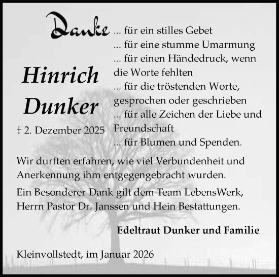 Traueranzeige von Hinrich Dunker von Schleswig-Holsteinische Landeszeitung