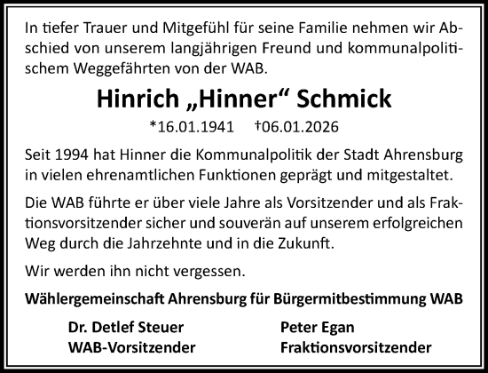 Traueranzeige von Hinrich Schmick von MARKT Ahrensburg/Bargteheide/Trittau und Stormarner Tageblatt
