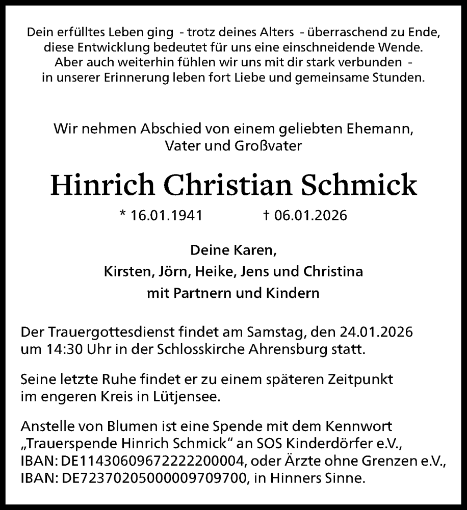  Traueranzeige für Hinrich Christian Schmick vom 17.01.2026 aus MARKT Ahrensburg/Bargteheide/Trittau und Stormarner Tageblatt