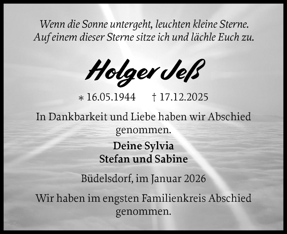  Traueranzeige für Holger Jeß vom 10.01.2026 aus Schleswig-Holsteinische Landeszeitung