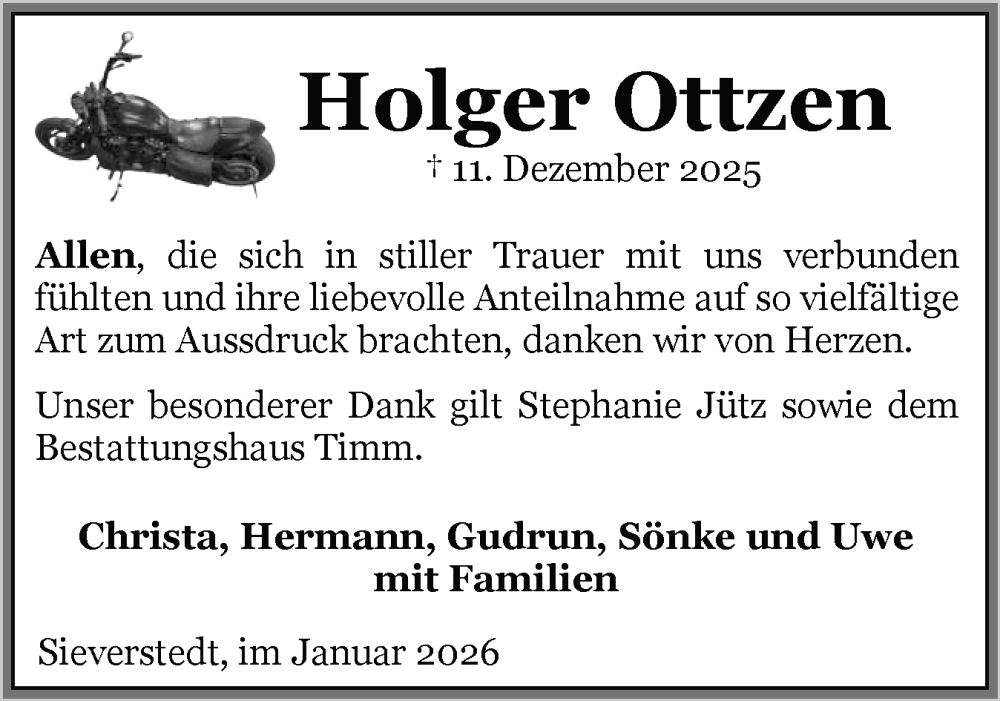  Traueranzeige für Holger Ottzen vom 10.01.2026 aus Flensburger Tageblatt, Schleswiger Nachrichten, Schlei-Bote