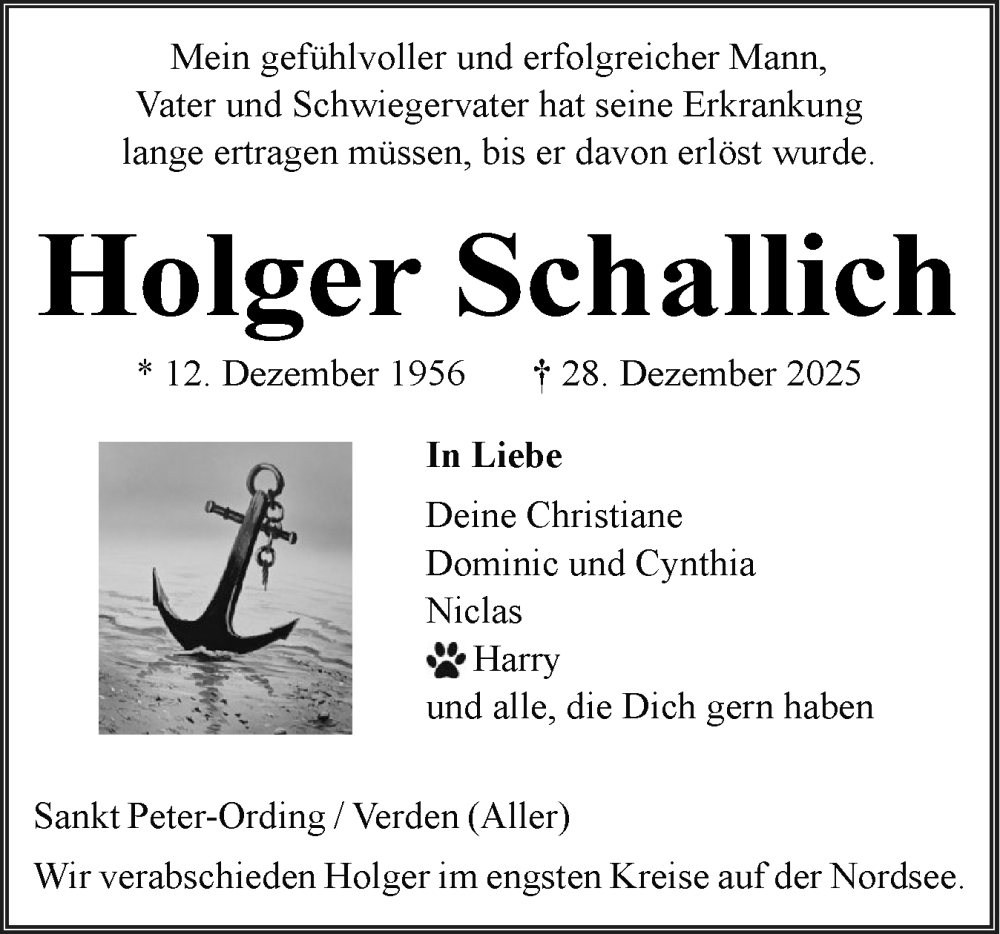  Traueranzeige für Holger Schallich vom 10.01.2026 aus Husumer Nachrichten, Nordfriesland Tageblatt