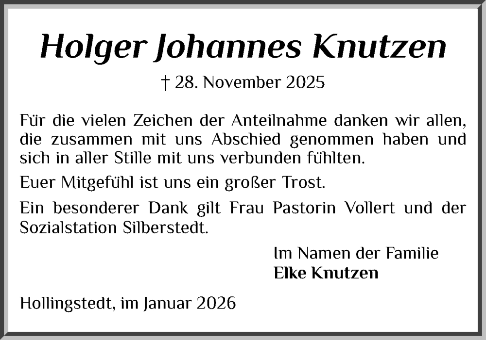  Traueranzeige für Holger Johannes Knutzen vom 03.01.2026 aus Schleswiger Nachrichten, Schlei-Bote