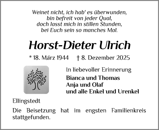 Traueranzeige von Horst-Dieter Ulrich von Schleswiger Nachrichten, Schlei-Bote