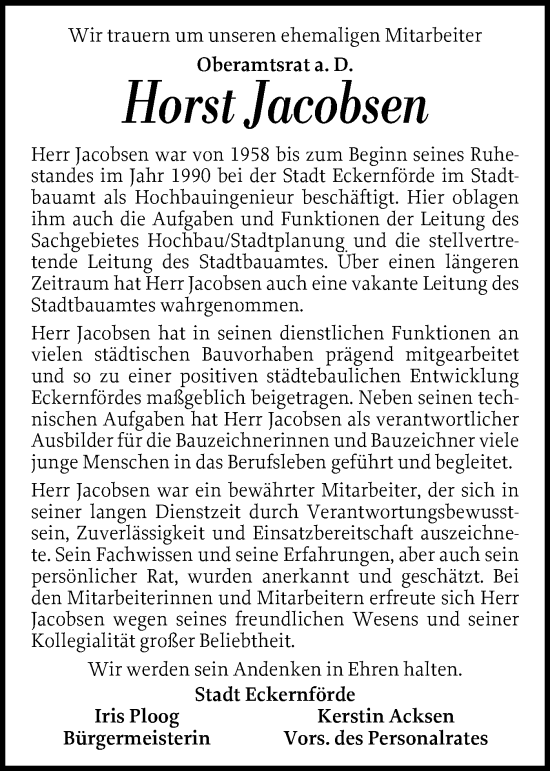 Traueranzeige von Horst Jacobsen von Eckernförder Zeitung, Hallo Eckernförde