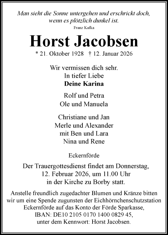 Traueranzeige von Horst Jacobsen von Eckernförder Zeitung, Hallo Eckernförde