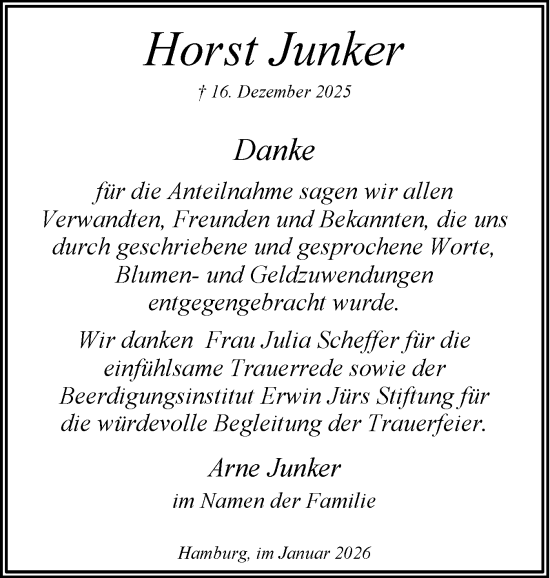 Traueranzeige von Horst Junker von Region Pinneberg und tip Pinneberg
