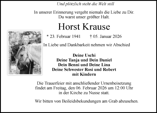 Traueranzeige von Horst Krause von MARKT Ratzeburg/Mölln