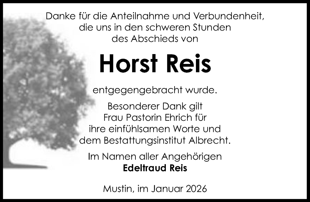  Traueranzeige für Horst Reis vom 17.01.2026 aus MARKT Ratzeburg/Mölln
