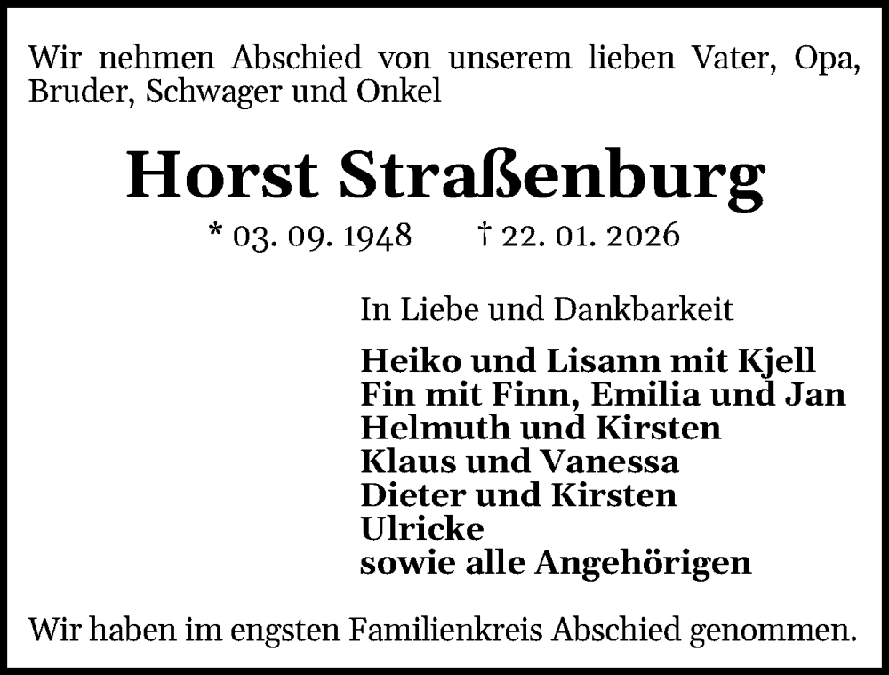 Traueranzeige für Horst Straßenburg vom 31.01.2026 aus Flensburger Tageblatt