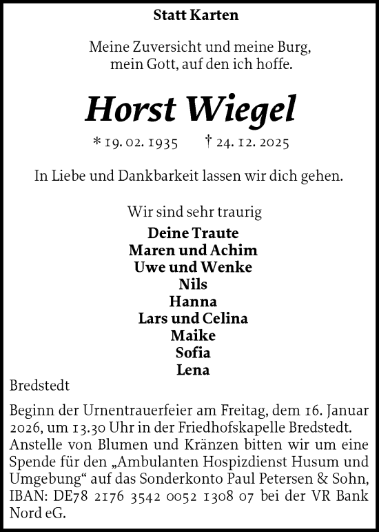 Traueranzeige von Horst Wiegel von Husumer Nachrichten, Nordfriesland Tageblatt